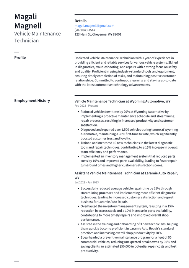 Uber Vehicle Maintenance Technician Resume Example