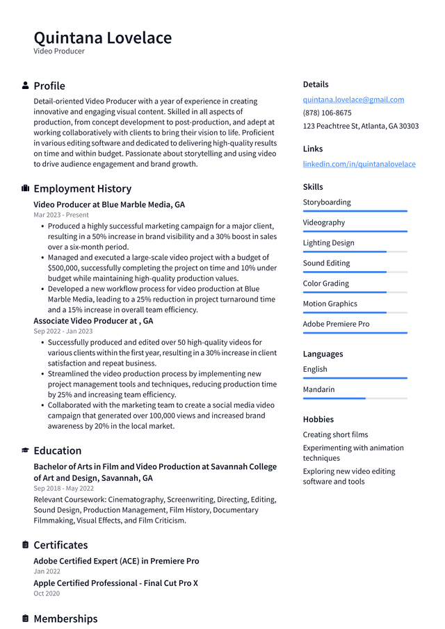 Uber Video Producer Resume Example