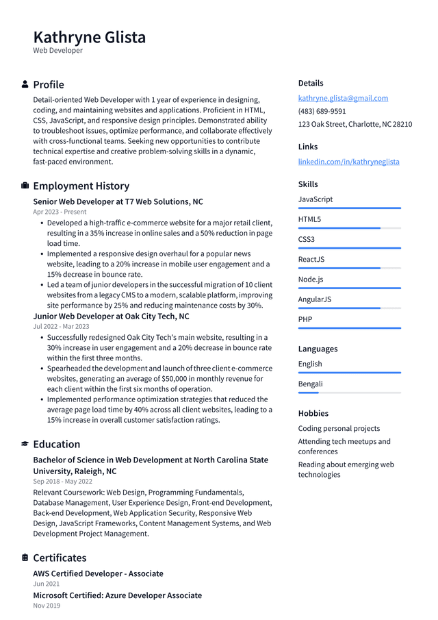 Uber Web Developer Resume Example