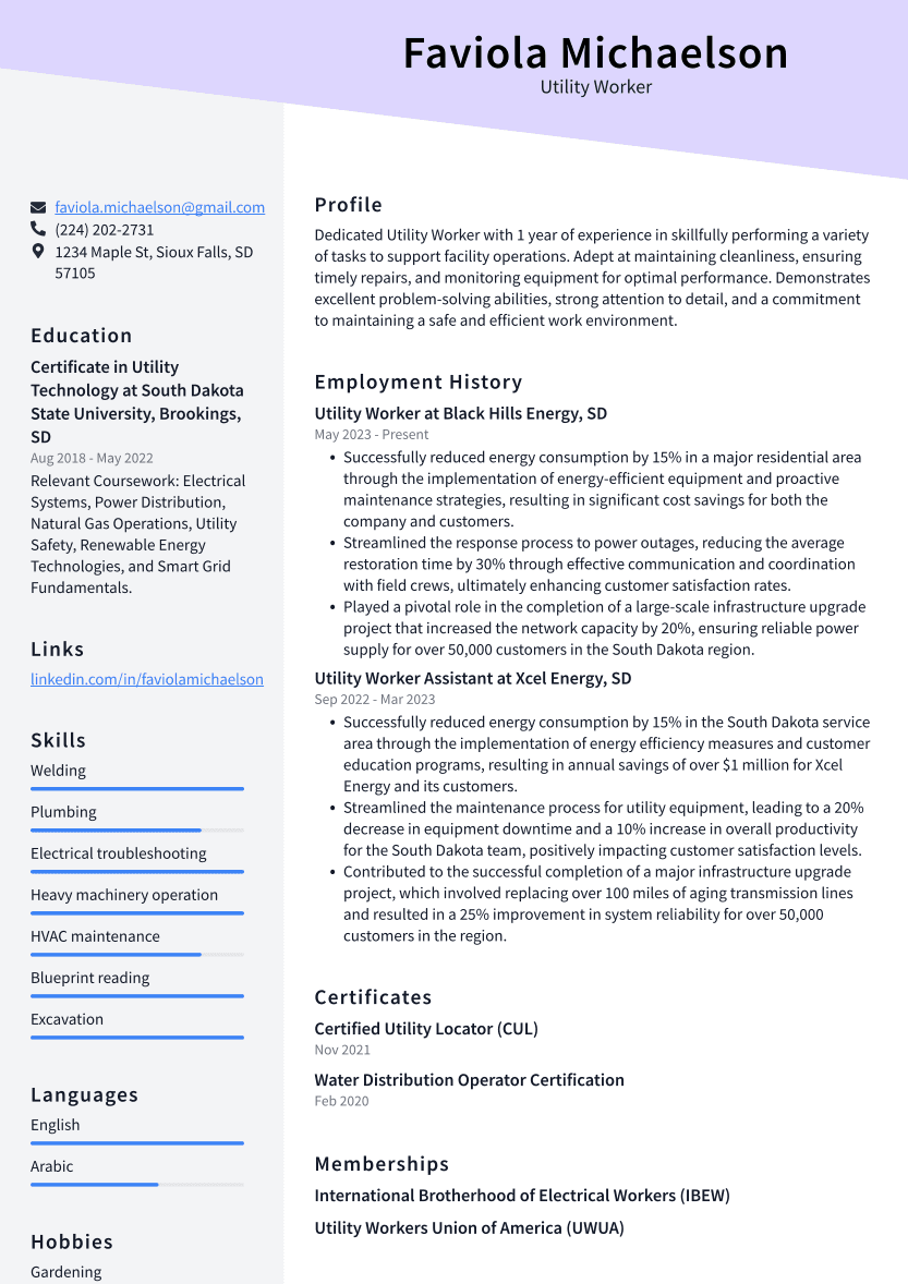 Utility Worker Resume Example