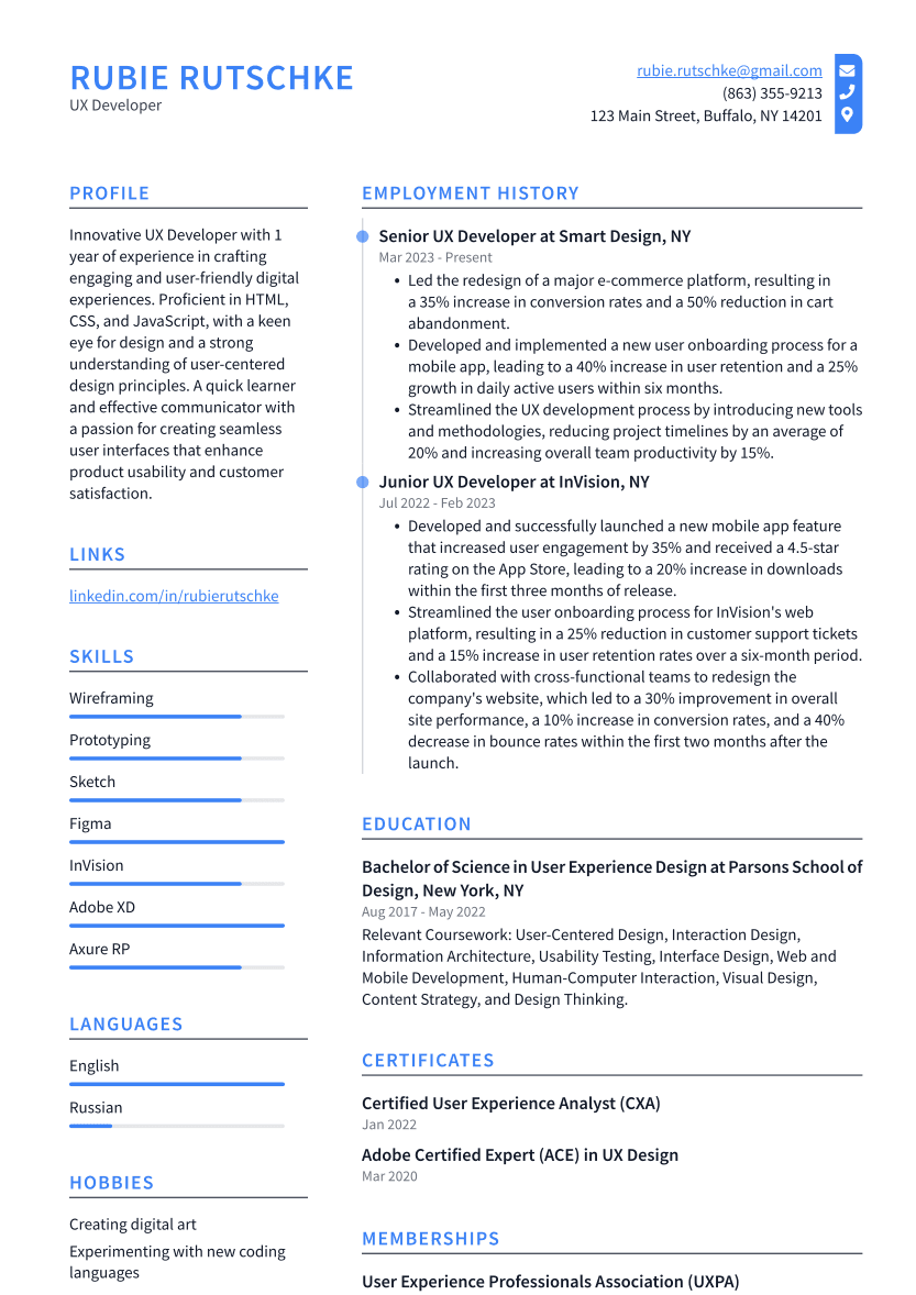 UX Developer Resume Example