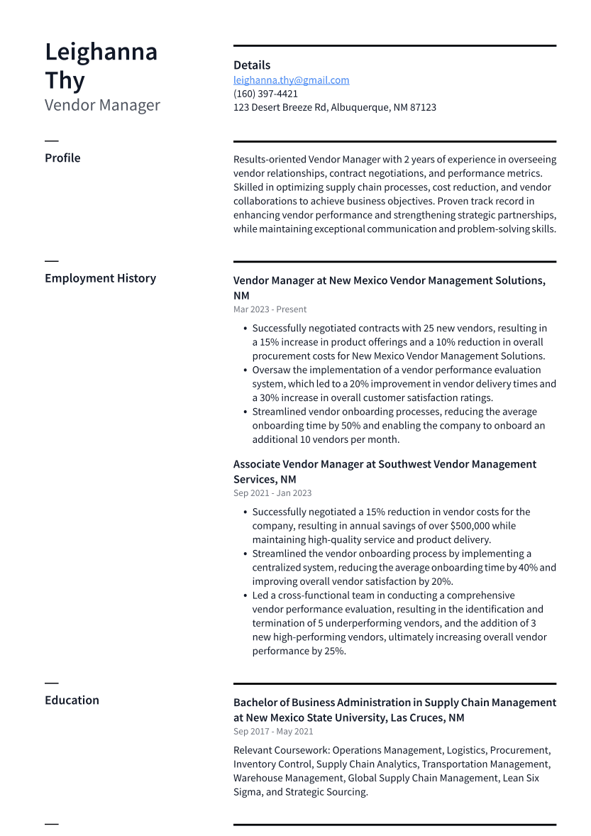 Vendor Manager Resume Example