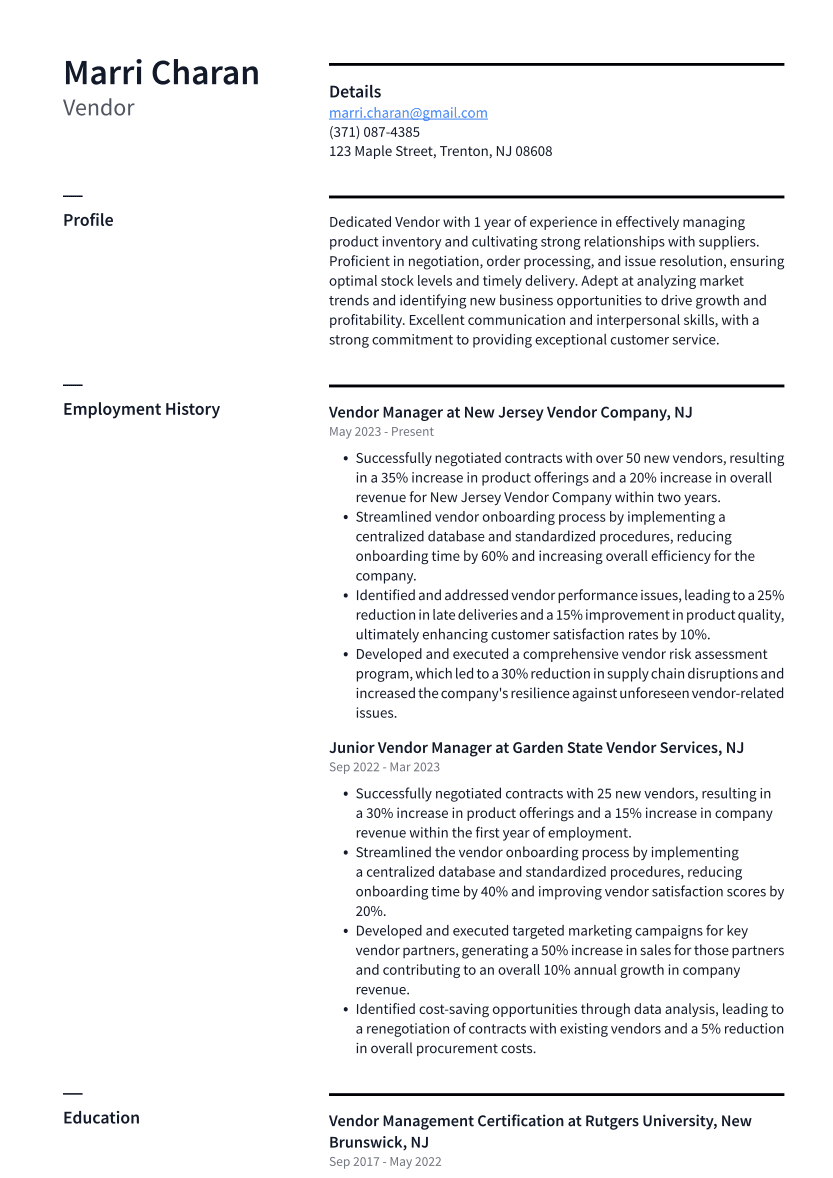 Vendor Resume Example