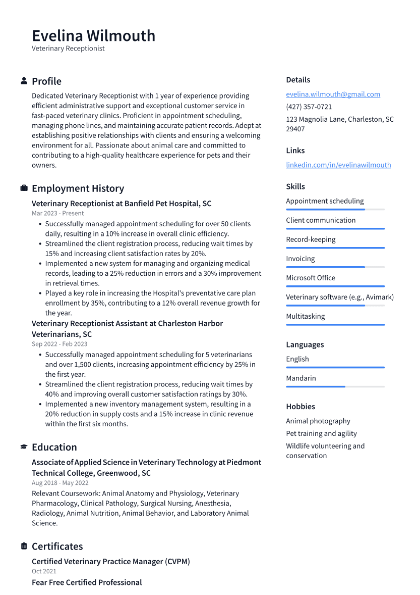 resume examples veterinary receptionist