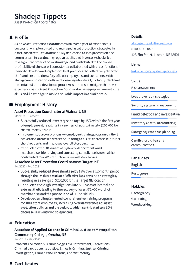 Walgreens Asset Protection Coordinator Resume Example