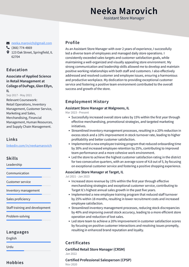 Walgreens Assistant Store Manager Resume Example
