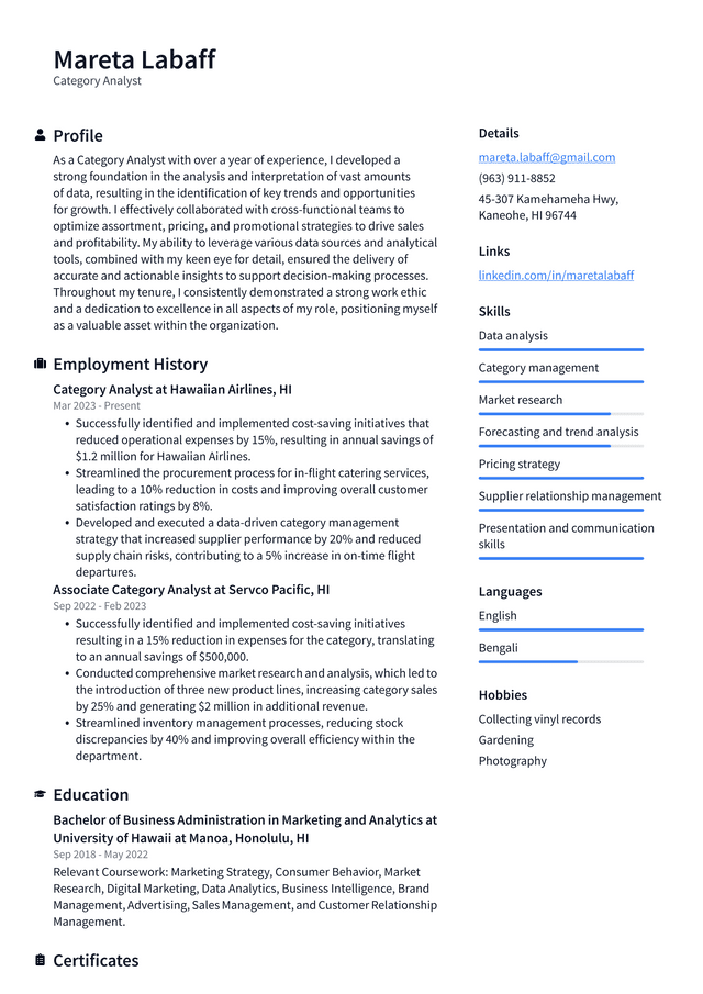 Walgreens Category Analyst Resume Example