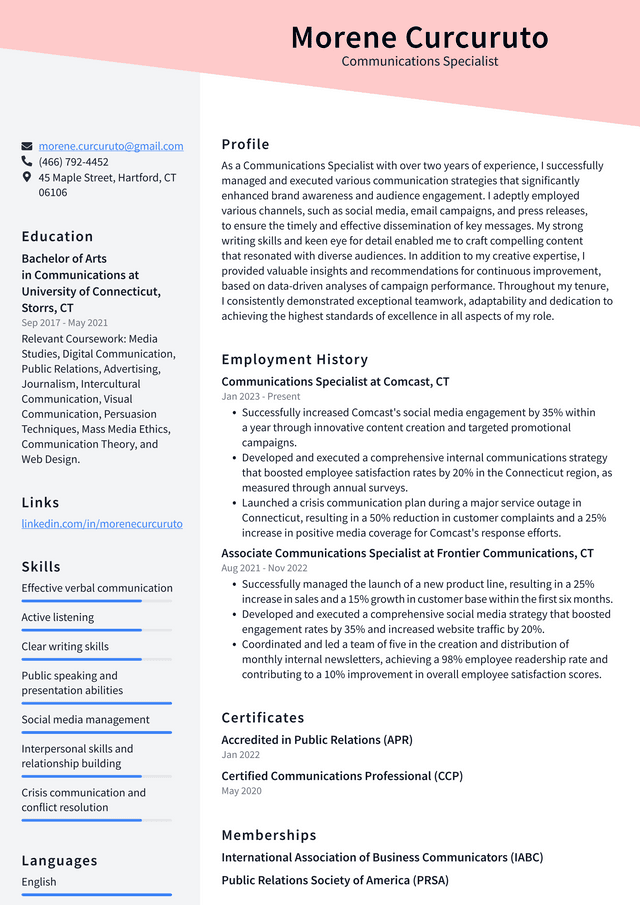 Walgreens Communications Specialist Resume Example