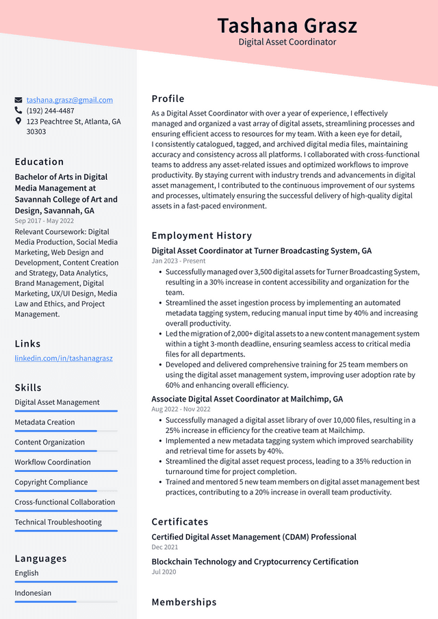 Walgreens Digital Asset Coordinator Resume Example