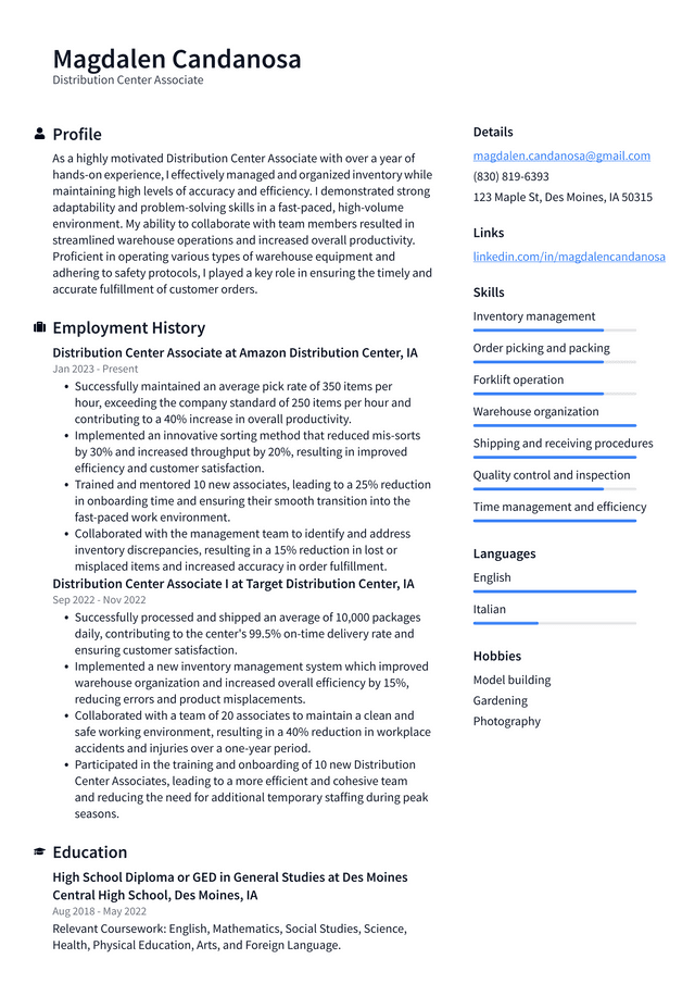 Walgreens Distribution Center Associate Resume Example