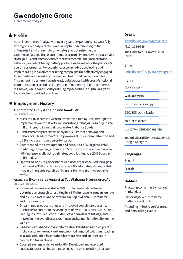 Walgreens E-commerce Analyst Resume Example