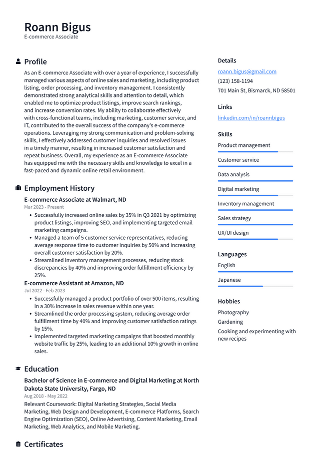 Walgreens E-commerce Associate Resume Example