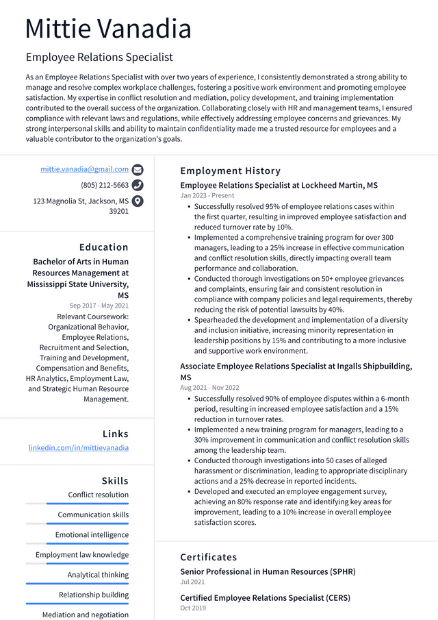 Walgreens Employee Relations Specialist Resume Example