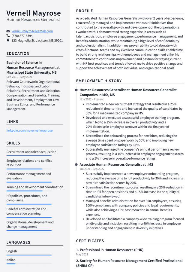 Walgreens Human Resources Generalist Resume Example