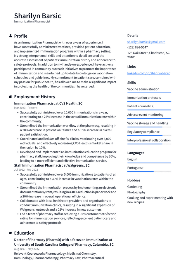 Walgreens Immunization Pharmacist Resume Example