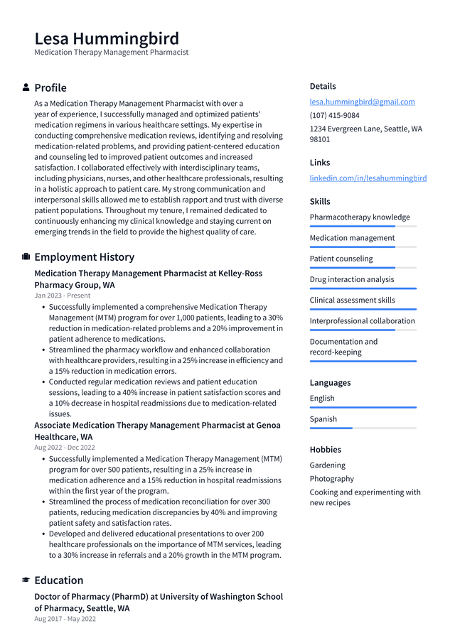 Walgreens Medication Therapy Management Pharmacist Resume Example