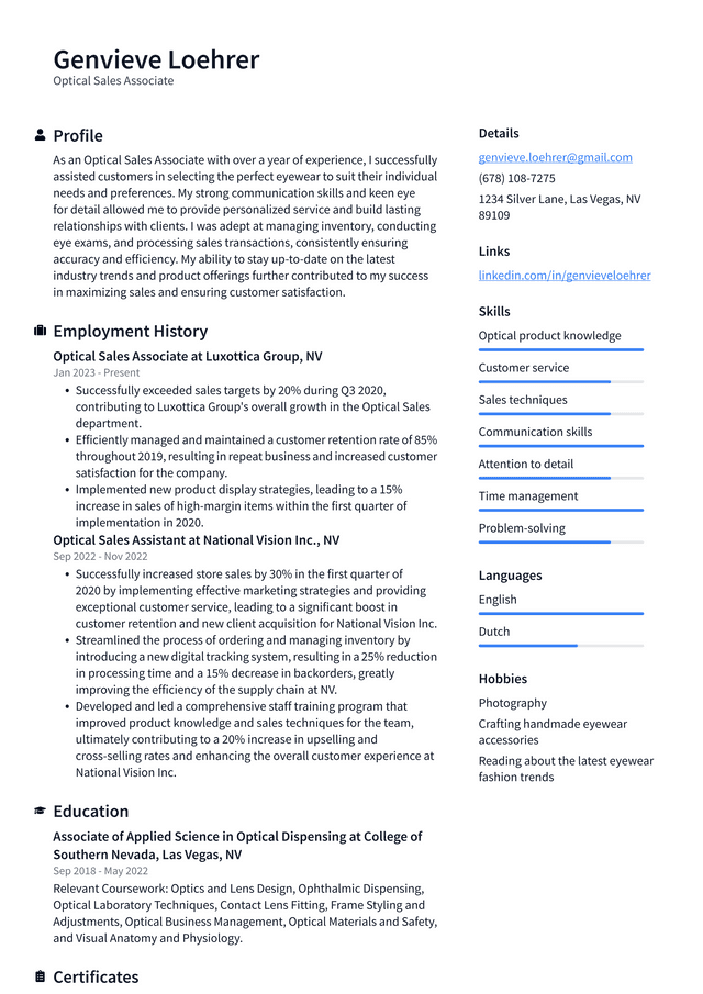 Walgreens Optical Sales Associate Resume Example