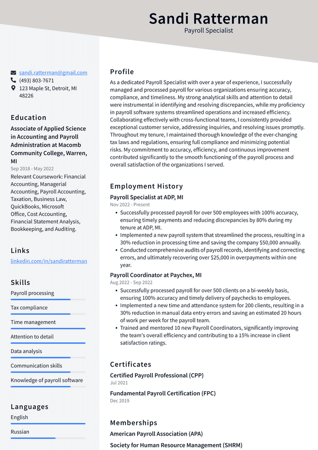 Walgreens Payroll Specialist Resume Example