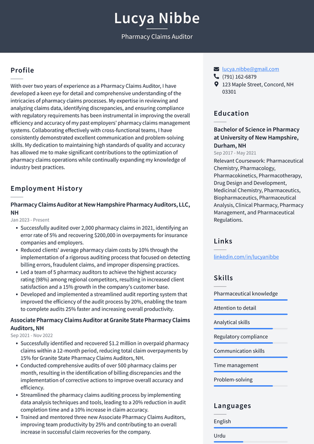 Walgreens Pharmacy Claims Auditor Resume Example