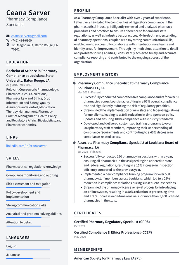 Walgreens Pharmacy Compliance Specialist Resume Example