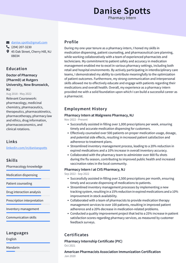 Walgreens Pharmacy Intern Resume Example