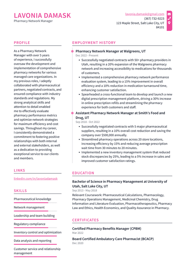 Walgreens Pharmacy Network Manager Resume Example