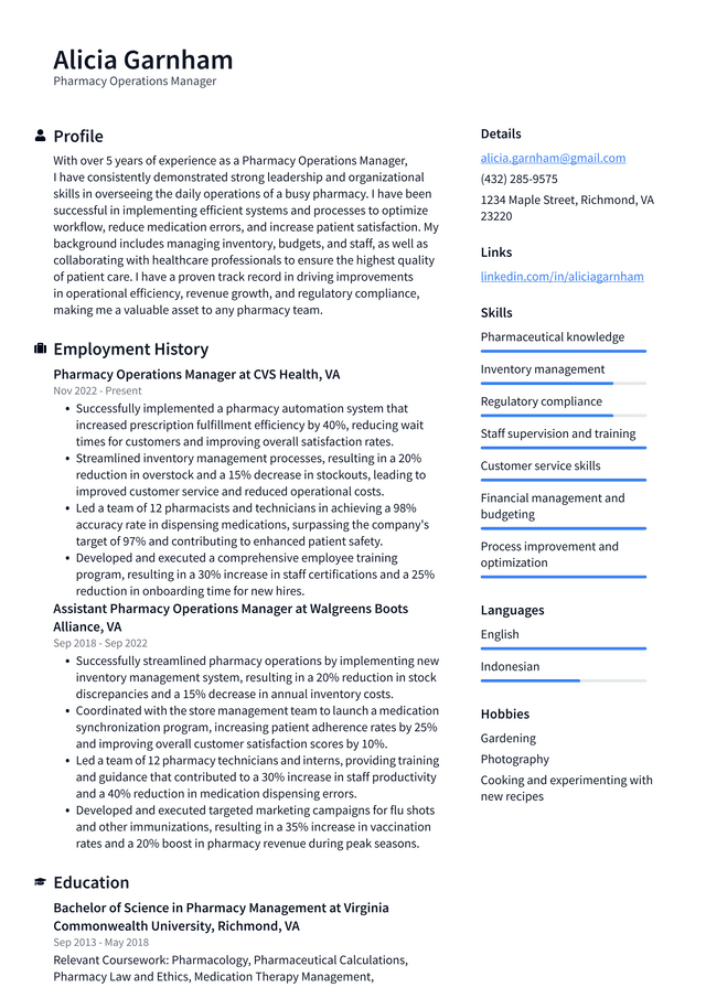 Walgreens Pharmacy Operations Manager Resume Example