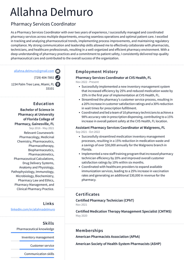 Walgreens Pharmacy Services Coordinator Resume Example