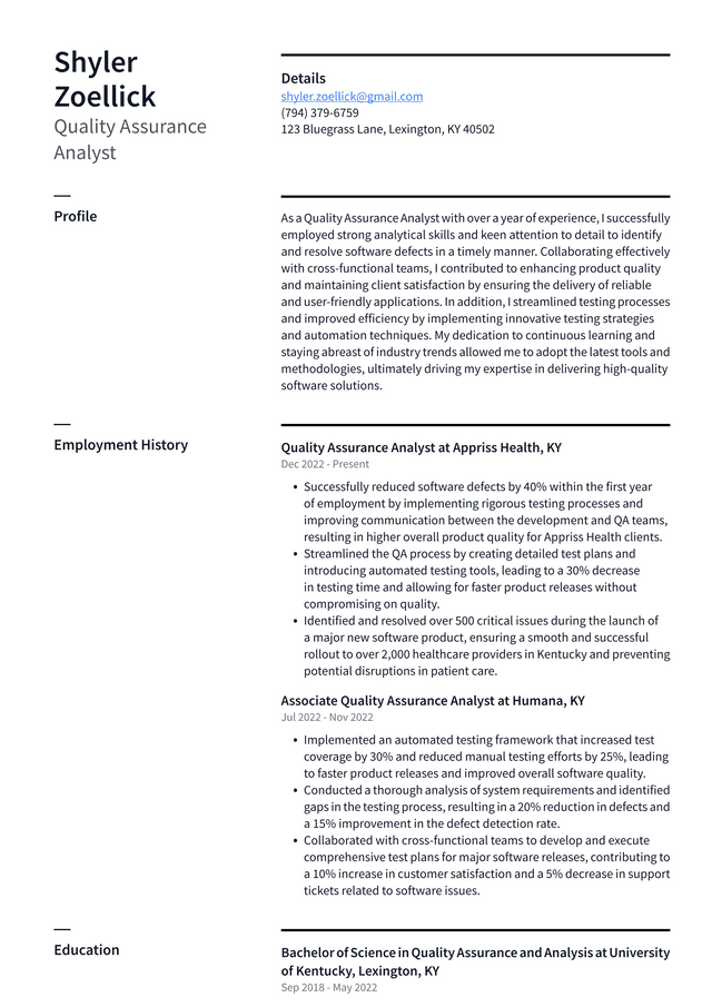 Walgreens Quality Assurance Analyst Resume Example