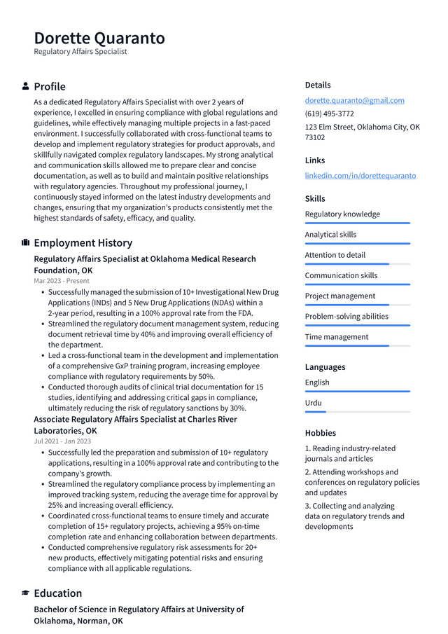 Walgreens Regulatory Affairs Specialist Resume Example