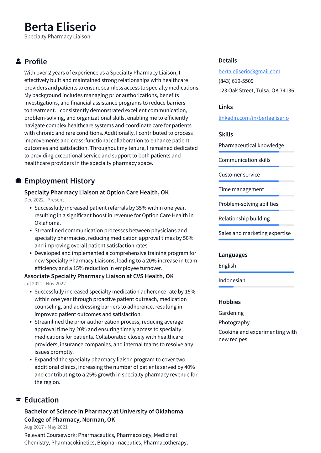 Walgreens Specialty Pharmacy Liaison Resume Examples