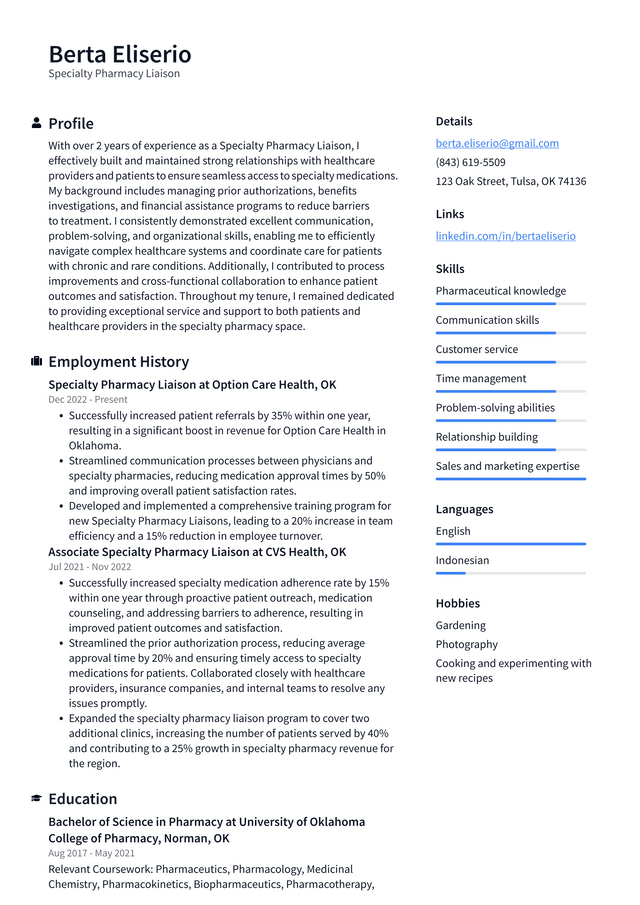Walgreens Specialty Pharmacy Liaison Resume Example