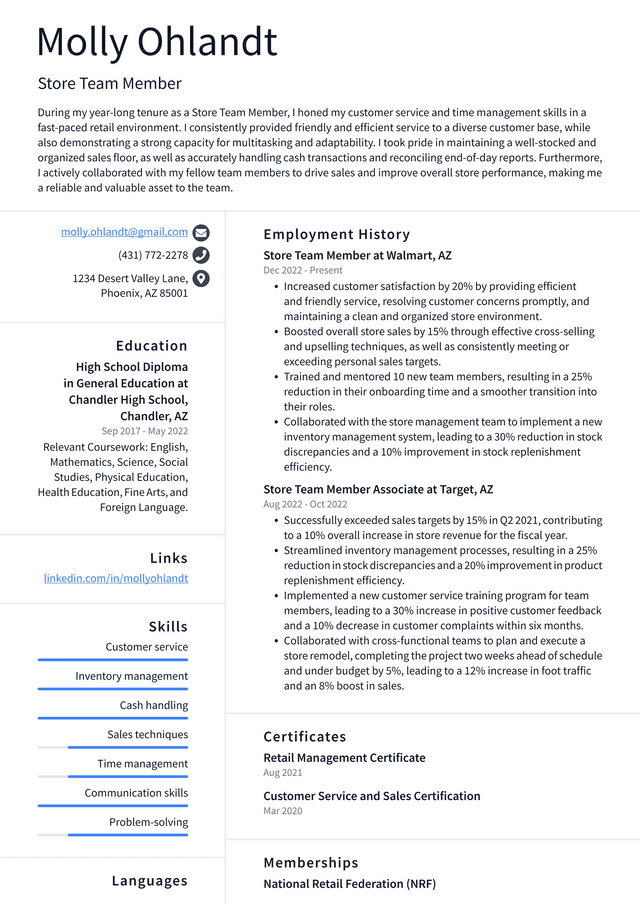 Walgreens Store Team Member Resume Example