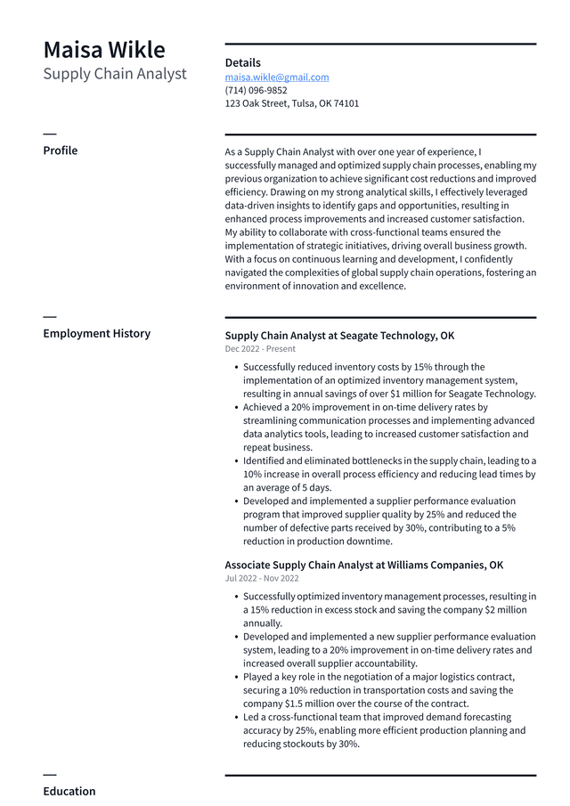 Walgreens Supply Chain Analyst Resume Example