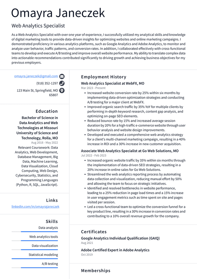 Walgreens Web Analytics Specialist Resume Example