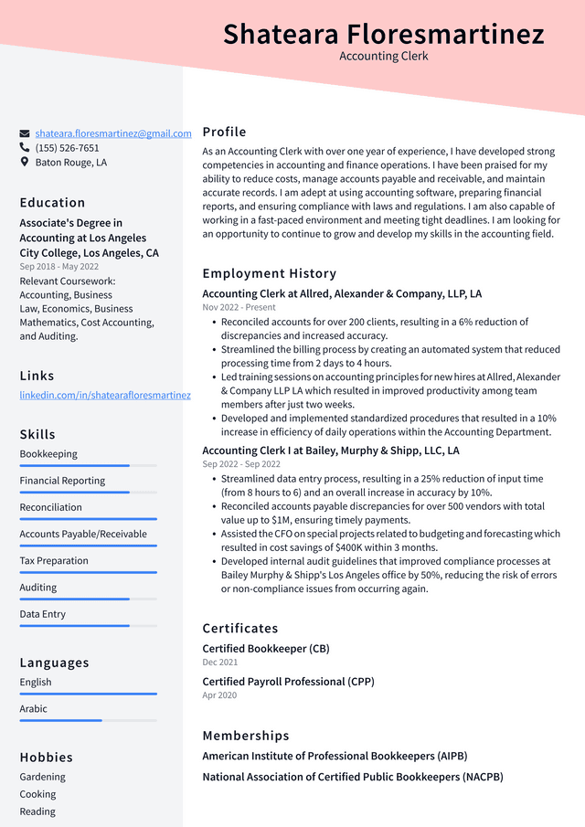 Walmart Accounting Clerk Resume Example