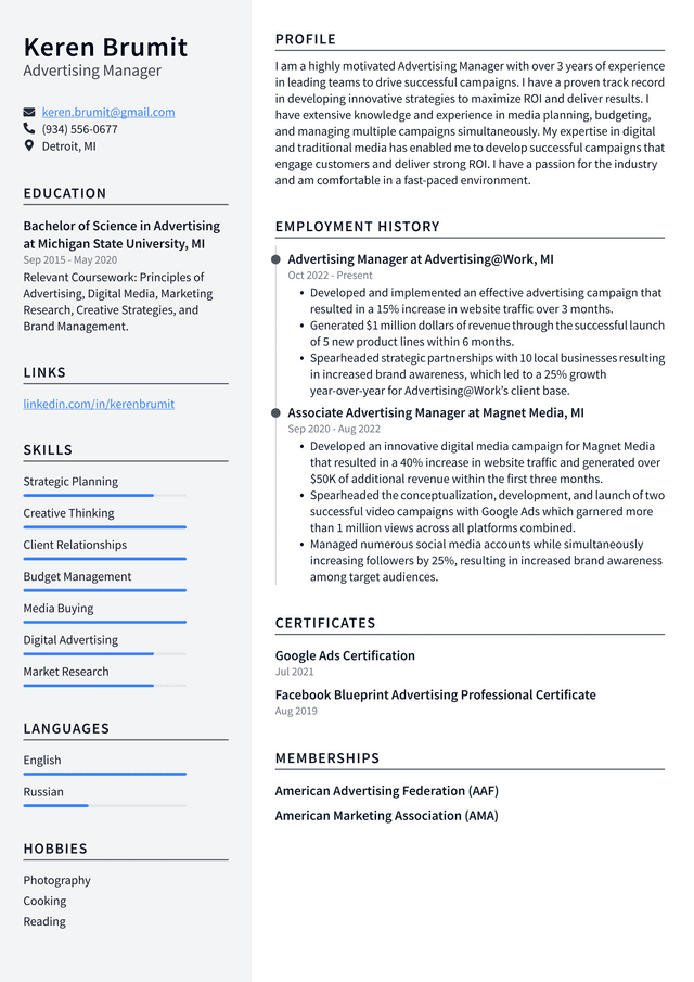 Walmart Advertising Manager Resume Example