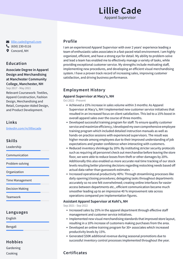 Walmart Apparel Supervisor Resume Example