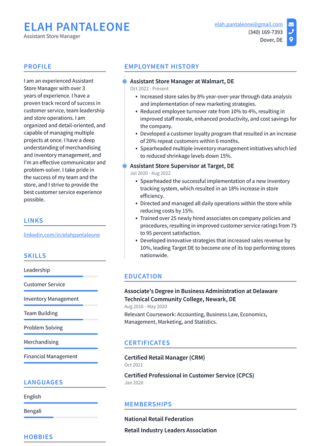 Walmart Assistant Store Manager Resume Example