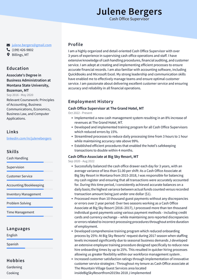 Walmart Cash Office Supervisor Resume Example