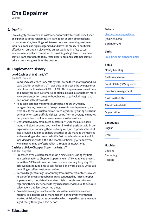 Walmart Cashier Resume Example