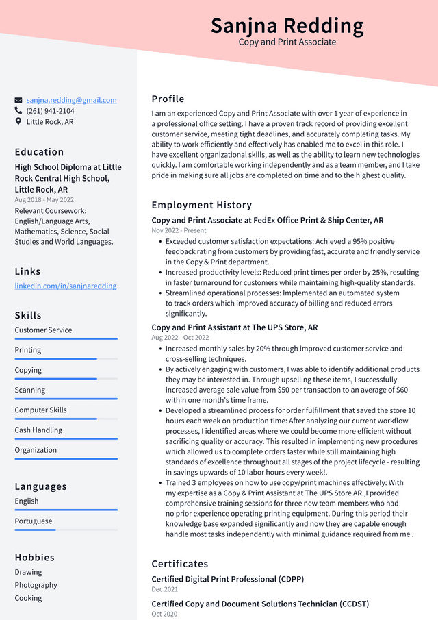 Walmart Copy and Print Associate Resume Example