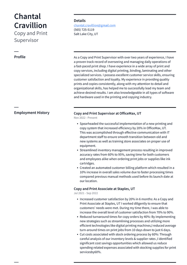 Walmart Copy and Print Supervisor Resume Example