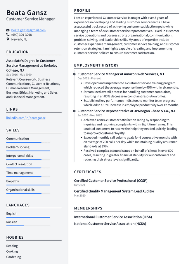 Walmart Customer Service Manager Resume Example