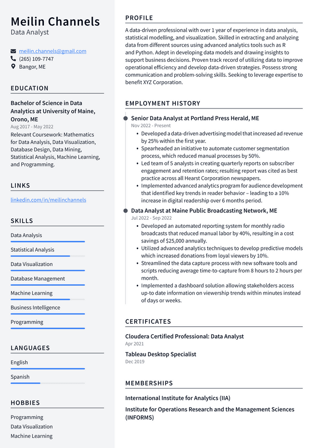 Walmart Data Analyst Resume Example