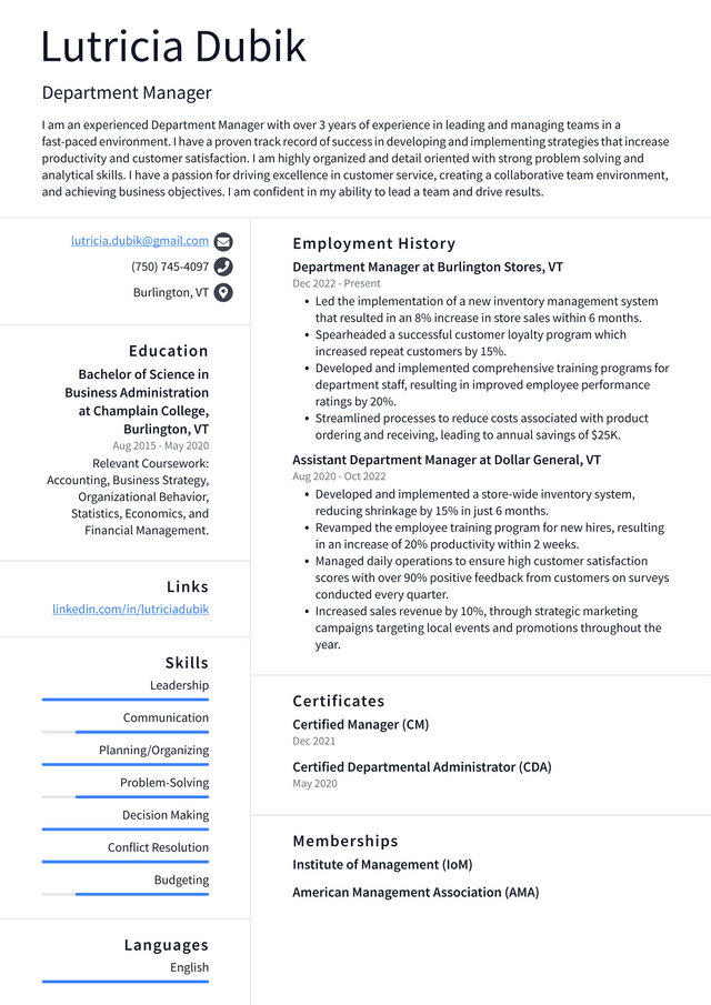 Walmart Department Manager Resume Examples | ResumeCat