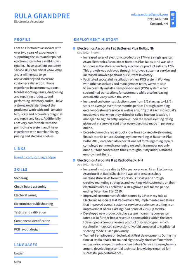 Walmart Electronics Associate Resume Example