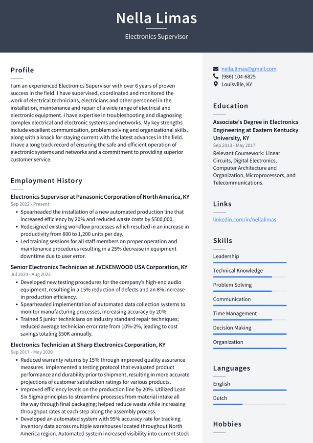 Walmart Electronics Supervisor Resume Example