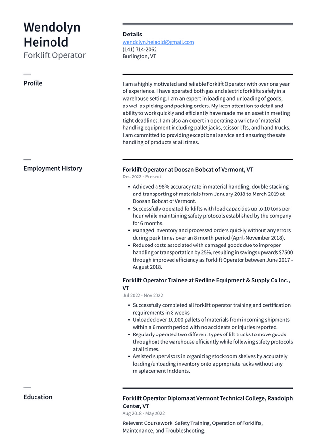 Walmart Forklift Operator Resume Example