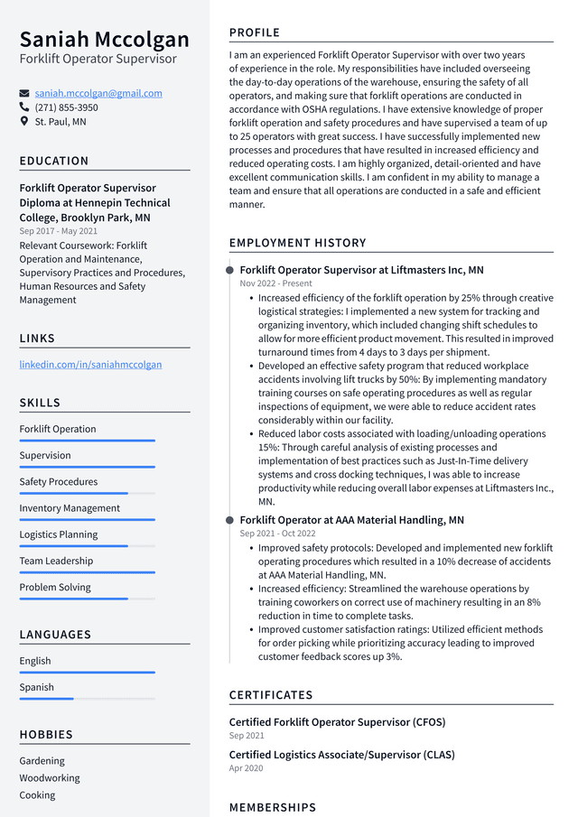 Walmart Forklift Operator Supervisor Resume Example